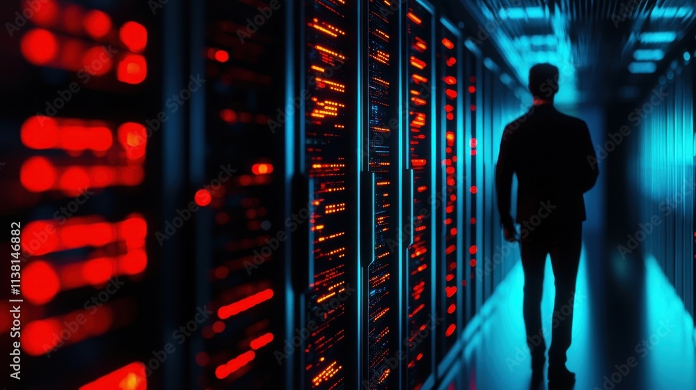 Poster a silhouette of a person walking in a data center, illuminated by colorful server lights. represents