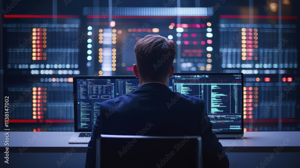 Poster focused man in suit analyzes data on multiple screens in high tech environment, showcasing importanc