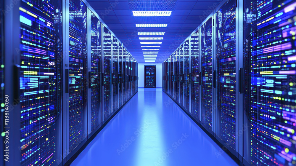 Poster modern data center with rows of servers illuminated by blue lights, showcasing advanced technology a