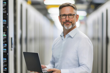 confident man with glasses holds laptop in data center, surrounded by server racks. He embodies professionalism and expertise in technology