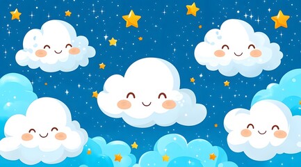 Happy Clouds and Golden Stars Night Sky