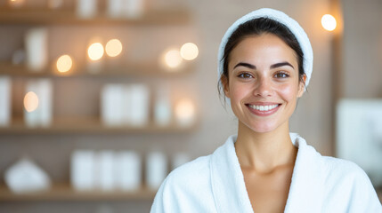 Woman Smiling in a Spa With Warm Lighting, Enjoying a Moment of Relaxation and Self-Care in a Serene Environment