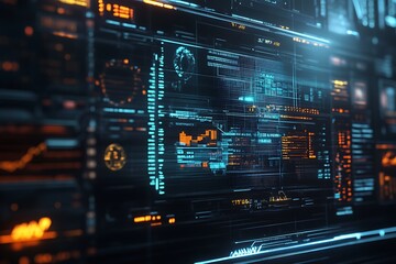 Fototapeta premium Cryptocurrency coins and digital market data on futuristic screen 