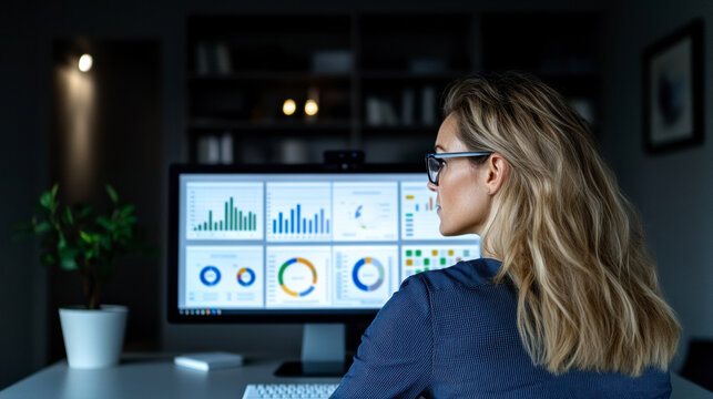 Woman Analyzing Data on Computer Screen in Modern Office at Night While Surrounded by Stylish Decor and Indoor Plants