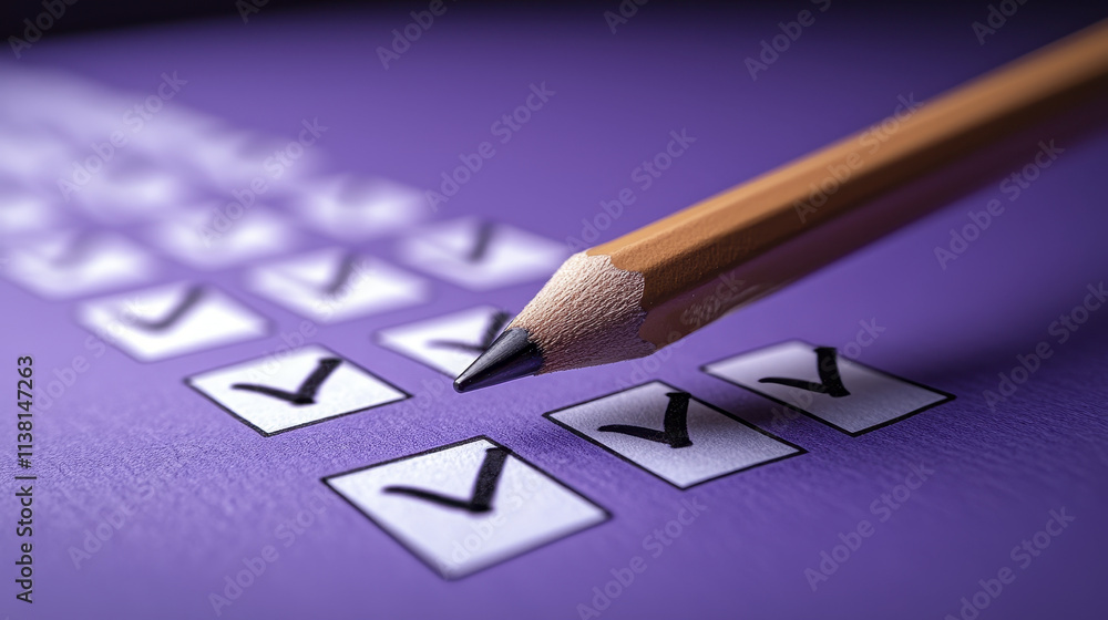 Poster completed task list with checkboxes and pencil on purple background, symbolizing productivity and or