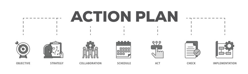 Action plan infographic icon flow process which consists of objective, strategy, collaboration, schedule, act, launch, check, and implementation icon live stroke and easy to edit .