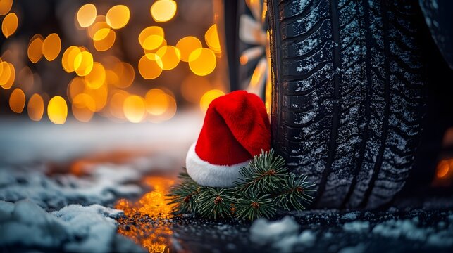 Automotive Christmas theme featuring car tire adorned with Santa hat and pine branches against bokeh lights, combining winter holiday elements with industrial detail in moody atmosphere.
