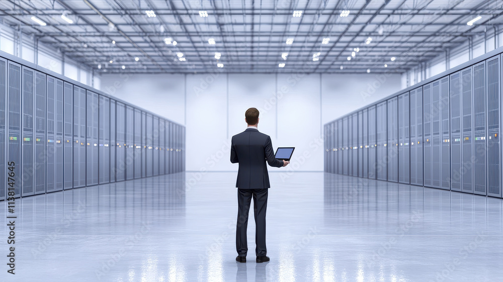 Poster professional man in suit stands in modern data center, holding laptop. spacious room features rows o