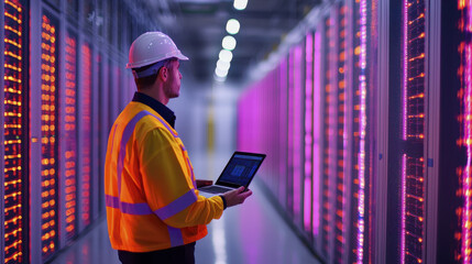 data center technician in safety vest and hard hat monitors server performance on laptop amidst vibrant LED lights. atmosphere is high tech and focused