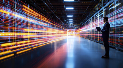 professional in data center observes vibrant data streams, showcasing technology and innovation. scene highlights dynamic environment of modern computing