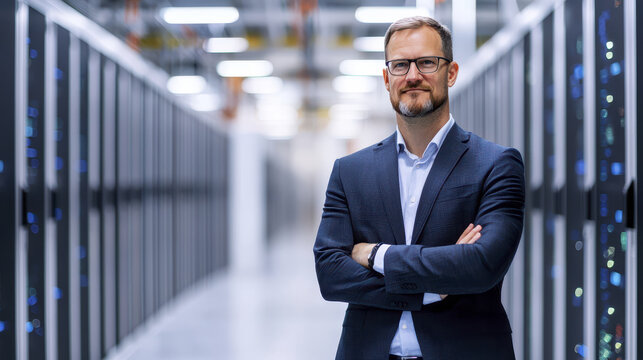 confident man in suit stands in modern data center, surrounded by rows of servers. His professional demeanor reflects importance of technology in today world