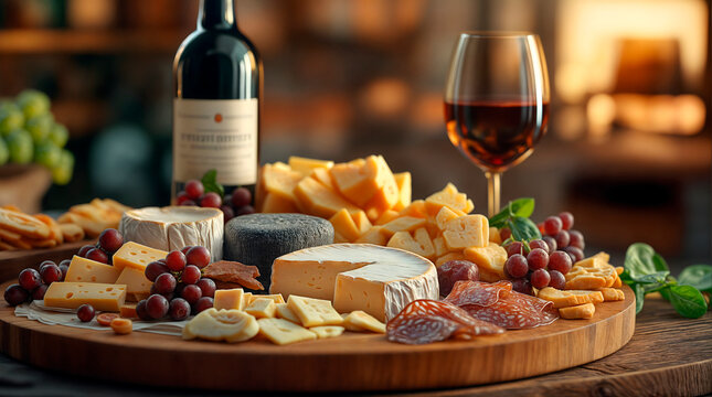 Beautiful layout of fresh cheese board and wine on a kitchen table after a dinner party