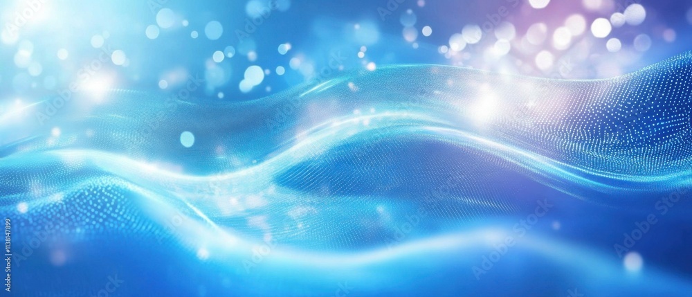 Poster abstract blue wave background with glowing particles and bokeh lights