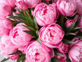 Fototapeta premium Beautiful arrangement of pink peonies and roses with space for text, springtime, pink