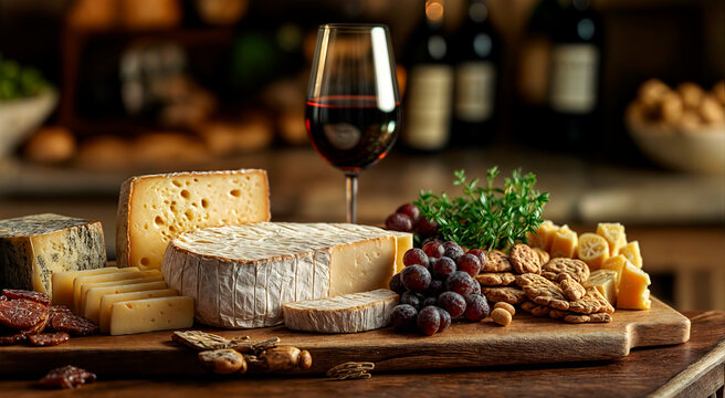 Beautiful layout of fresh cheese board and wine on a kitchen table after a dinner party
