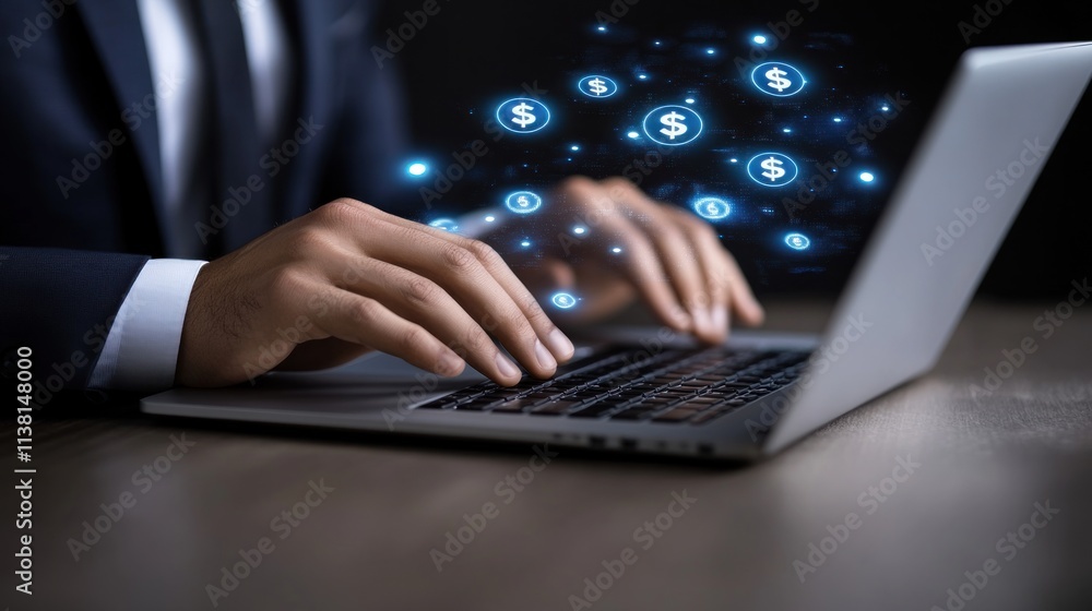 Poster man using laptop, digital dollar icons floating.