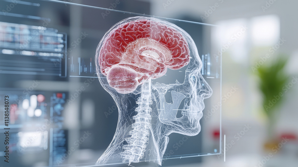 Poster detailed anatomical illustration of human brain and spine, showcasing intricate structures and conne