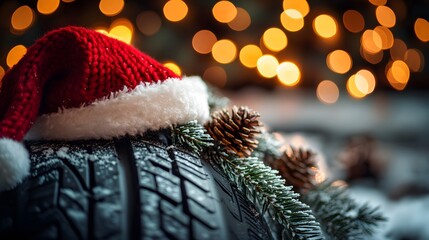 Automotive Christmas theme featuring car tire adorned with Santa hat and pine branches against bokeh lights, combining winter holiday elements with industrial detail in moody atmosphere.