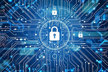 Blue-Themed Digital Background Highlighting Cybersecurity with Complex Iconography,複雑なアイコノグラフィーでサイバーセキュリティを強調した青を基調としたデジタル背景.Generative AI