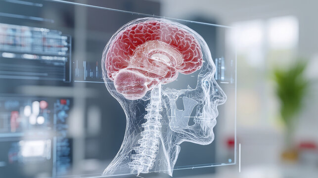 detailed anatomical illustration of human brain and spine, showcasing intricate structures and connections. This highlights complexity of nervous system and its functions