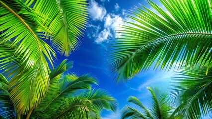 Obraz premium Tropical Vacation Paradise: Lush Green Palm Trees Against Vibrant Blue Sky - Summer Holiday Travel Background