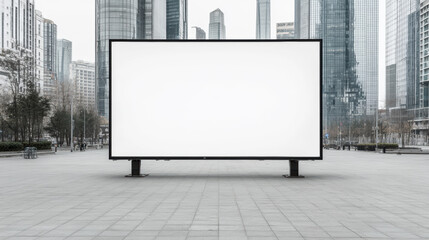 Fototapeta premium Empty Advertising Billboard Stands in a Modern Urban Plaza Surrounded by Tall Skyscrapers on a Cloudy Day in the City Center