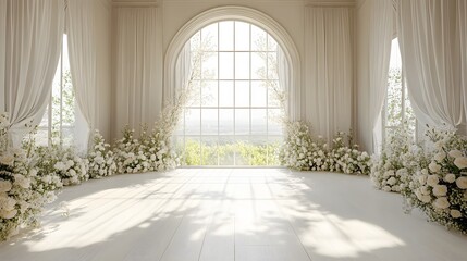 Luxurious white wedding venue featuring arched windows, flowing curtains, and elegant floral arrangements, capturing romantic atmosphere with natural light in minimalist luxury design.