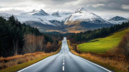 Fototapeta premium Beautiful road leading to the snow capped mountains surrounded by lush green trees