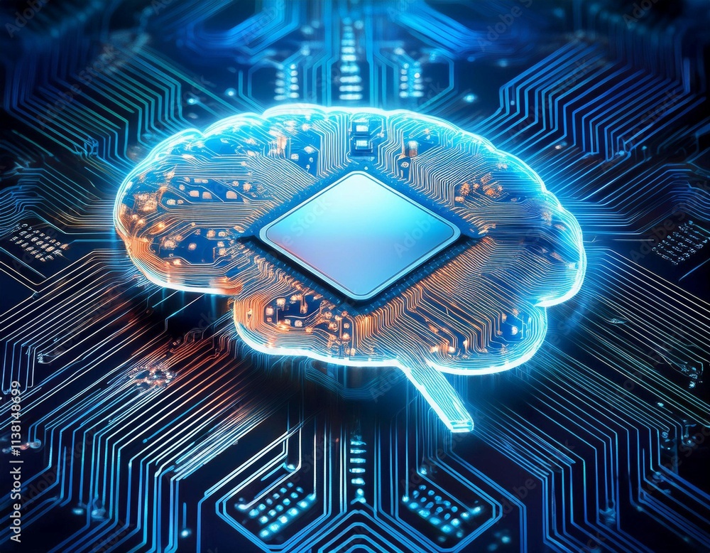 Poster intricate circuit board with illuminated brain symbol representing artificial intelligence technolog