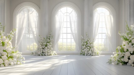 Naklejka premium Luxurious white wedding&nbsp;venue featuring&nbsp;arched windows, flowing curtains, and elegant&nbsp;floral arrangements, capturing romantic atmosphere with&nbsp;natural&nbsp;light in minimalist luxury&nbsp;design.