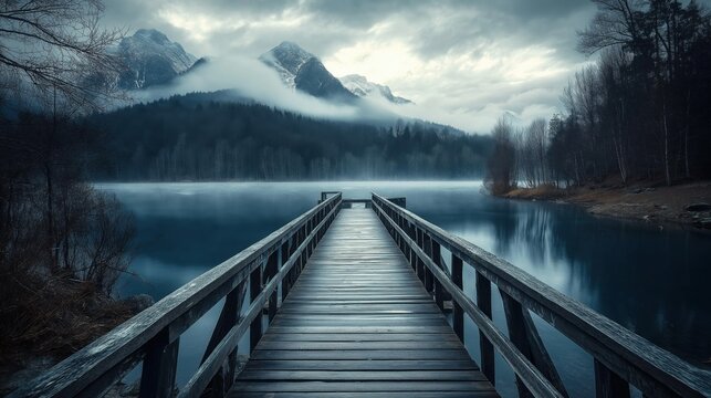 Wooden bridge leading to the lake, snow capped mountains in the background