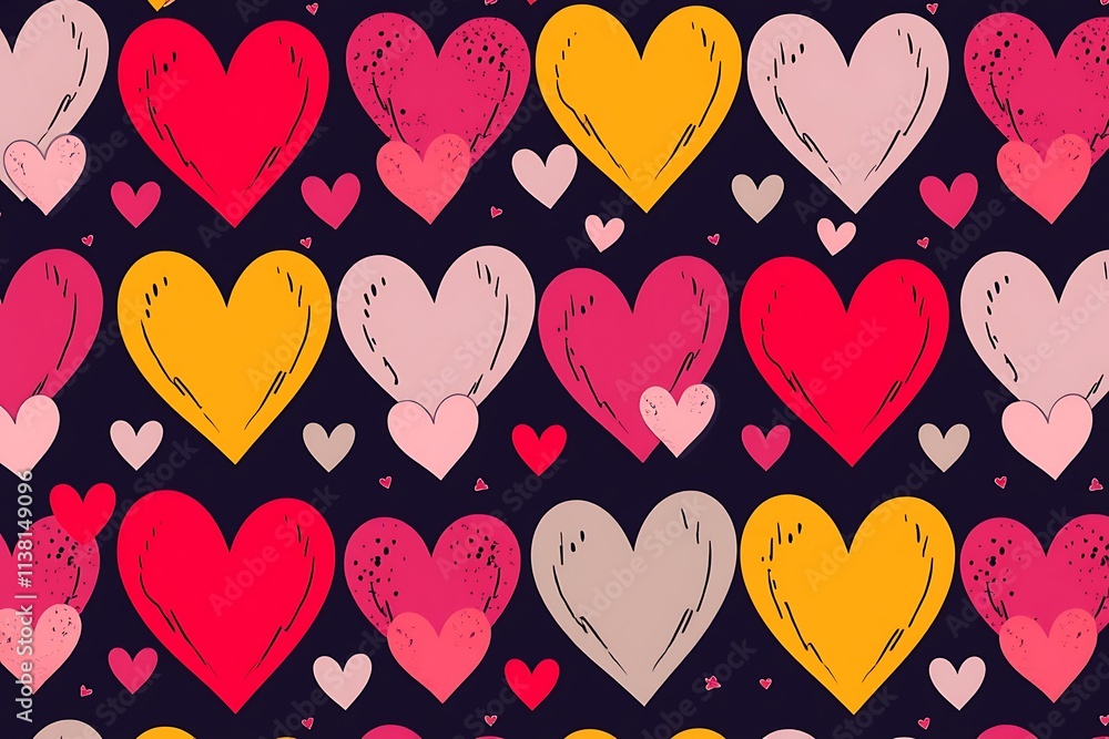 Poster colorful hearts pattern: a vibrant, seamless pattern featuring an array of hand-drawn hearts in vari