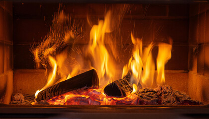 Bright Flames Illuminate a Burning Fire in a Fireplace and Copy Space