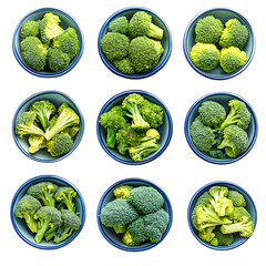 Nine Bowls of Fresh Broccoli Florets