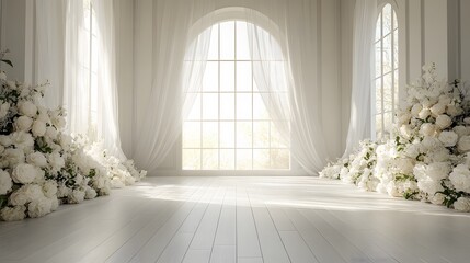 Fototapeta premium Luxurious white wedding&nbsp;venue featuring&nbsp;arched windows, flowing curtains, and elegant&nbsp;floral arrangements, capturing romantic atmosphere with&nbsp;natural&nbsp;light in minimalist luxury&nbsp;design.
