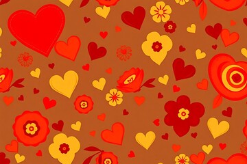 Red and Yellow Hearts and Flowers Pattern 