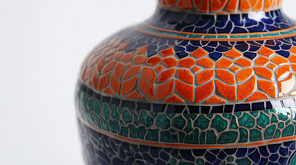 An ornate decorative vase, inspired by mosaic tiles, multicolored geometric shapes blending orange, emerald, and deep blue hues, polished ceramic surface with detailed engraving lines, artistically st
