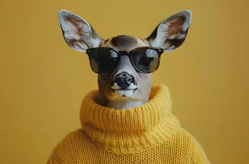Gordijnen A stylish deer wearing sunglasses and a yellow sweater © paper later