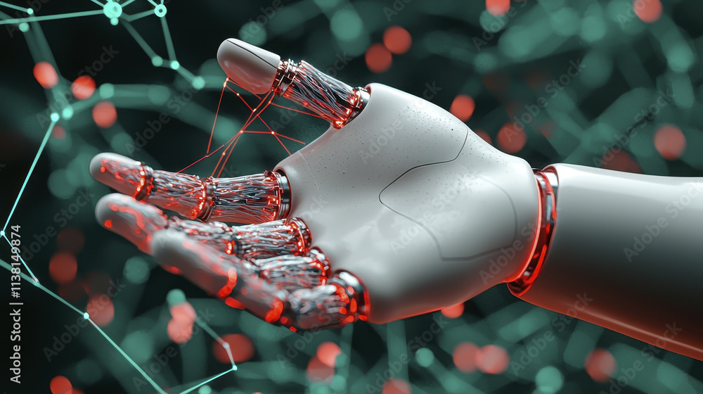 Aufkleber futuristic robotic hand with intricate wiring and glowing elements, showcasing advanced technology a
