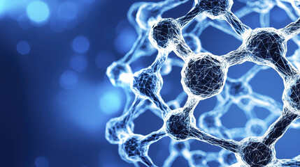 Molecular structure with interconnected atoms in blue background, representing scientific research and technology. intricate design showcases beauty of molecular chemistry