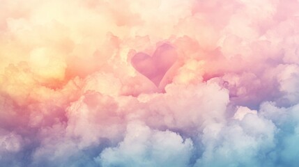 Fototapeta premium Heart made of clouds in the sky, with pastel colors, love concept,beautiful colorful valentine day heart in the clouds as abstract background, with copy space