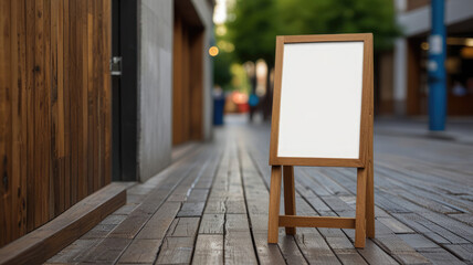 blank white mock-up of wooden sign the shape of the letter “A” stands on the sidewalk outside store,ready to display advertisements or promotional messages.Blank mockup of a promotional pole sign