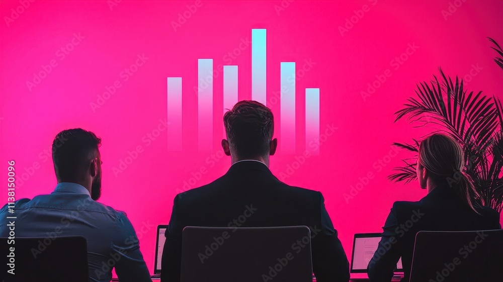 Poster a minimalist office with a glowing line graph projected onto a wall, diverse team members brainstorm