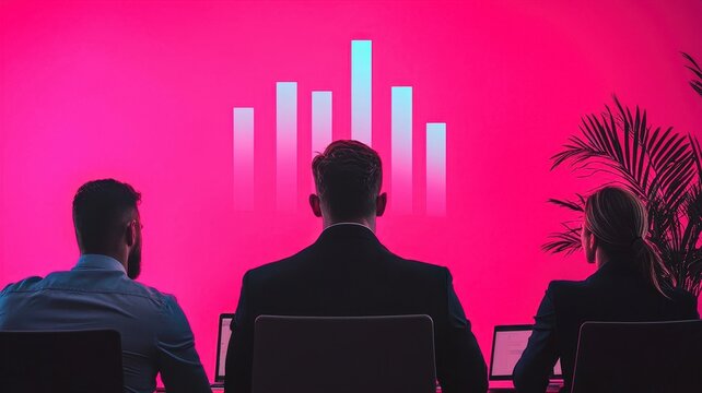 A minimalist office with a glowing line graph projected onto a wall, diverse team members brainstorming strategies.