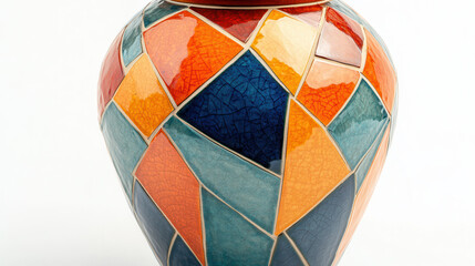 An ornate decorative vase, inspired by mosaic tiles, multicolored geometric shapes blending orange, emerald, and deep blue hues, polished ceramic surface with detailed engraving lines, artistically st