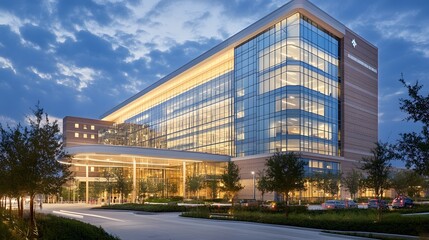 Modern Hospital Building at Dusk Illuminated Exterior