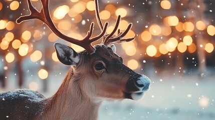 Closeup of a reindeer in the snow with holiday lights glowing in the background 