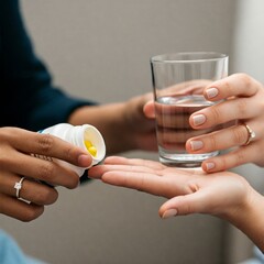 close-up of a hands holding pills and glass of water