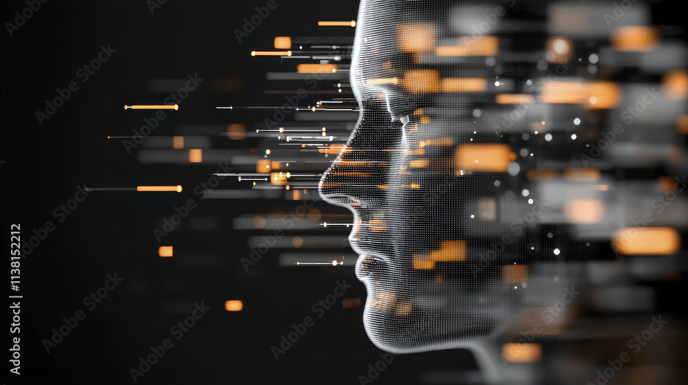 Poster digital representation of human face with abstract data streams, symbolizing technology and innovati