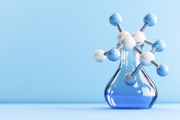 molecular model in laboratory flask, showcasing scientific innovation and research. blue background enhances sophisticated look of glassware and molecular structure